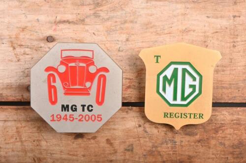 MG T-SERIES: Two MG T - series car badges. Brass MG T REGISTER badge & octagonal 1945-2005 MG TC badge