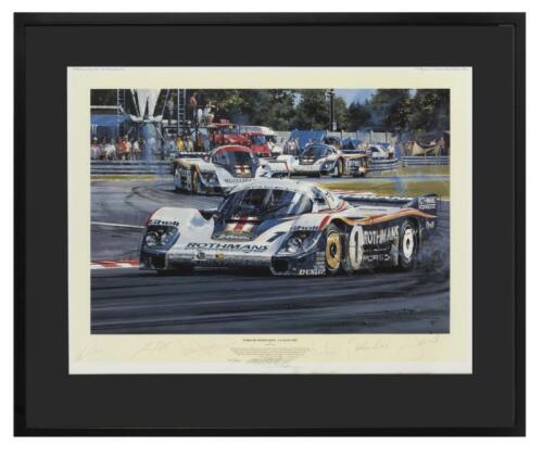 PORSCHE: A limited edition print (98/500) by Nicholas Watts titled "Porsche Domination - Le Mans 1982", signed by Vern Schuppan, Derek Bell, Hurley Haywood, Jacky Ickx, Jurgen Barth and Jochen Mass and artist