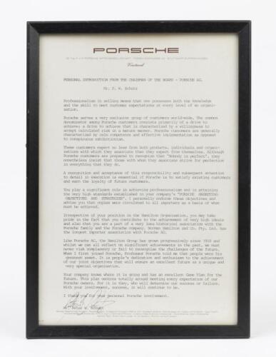 PORSCHE: A PORSCHE Stuttgart 'PERSONAL INTRODUCTION FROM THE CHAIRMAN OF THE BOARD - PORSCHE AG. Mr. P.W. Schutz' signed letter. As was displayed in the the office of Norman Hamilton
