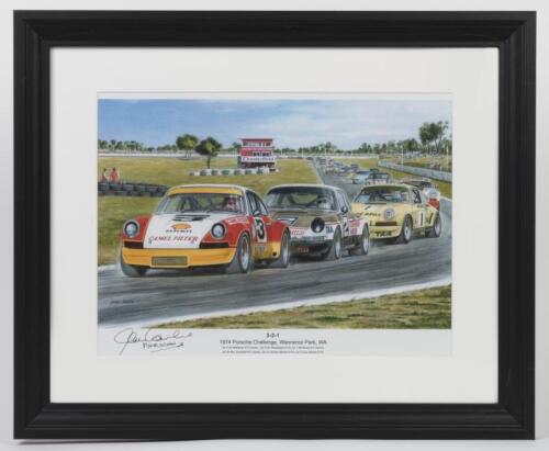 PORSCHE CHALLENGE: A print after the original titled '3-2-1 1974 Porsche Challenge, Wanneroo Park, WA' featuring various racing Porsches. Alan Hamilton signature