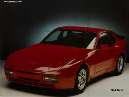 1986 PORSCHE MODEL RANGE POSTER: An interesting '1986 PORSCHE MODEL RANGE' brochure poster featuring the Porsche model range. Picture of Porsche 944 Turbo to one side