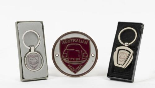 PORSCHE: Three items related to the TYP 901 REGISTER. Brass bade and keyrings