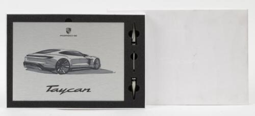 TAYCAN: A high-quality aluminium sketch of the Mission E concept (Taycan), with hangers, with silver presentation box, box slightly grubby; sketch measures approximately 29.5cm wide, 21cm high overall