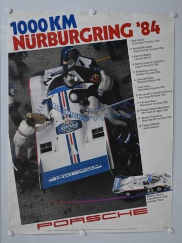PORSCHE: An official, original large '1000 KM NURBURGRING '84' PORSCHE poster Features the Porsche 956 of Derek Bell/Stefan Bello