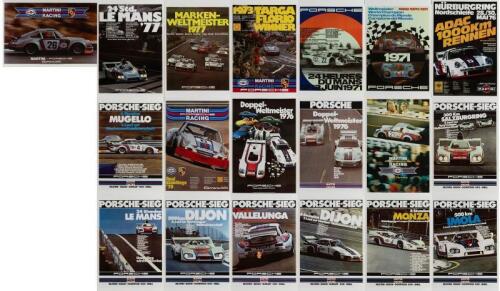 PORSCHE: A large collection of c1970s Porsche advertising posters, reprinted under license by Porsche, 52cm high, 35.5cm wide overall