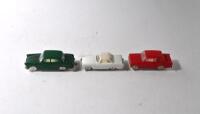 TRI-ANG MINIX: Three English made Tri-ang MINIX 1:87 HO scale model plastic cars. No.3 VAUXHALL VIVA in red, No.5 AUSTIN A60 in dark green & No.7 SUNBEAM ALPINE in white - 2