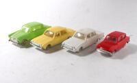 TRI-ANG MINIX: Four English made Tri-ang MINIX 1:87 HO scale model plastic cars. Austin A60, Ford Anglia, Ford Corsair models