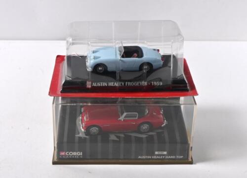AUSTIN HEALEY: Two 1:43 scale Austin Healey models. CORGI CLASSICS AUSTIN HEALEY HARD TOP (02301) & Auto Plus AUSTIN HEALEY FROGEYES - 1959 in light blue