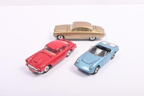 ENGLISH CARS: Three Corgi Toys English models cars. No.318 Lotus Elan S2 "I've Got a Tiger in My Tank". Aston Martin D.B.4 & Jaguar MARK X Saloon models