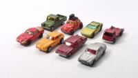 ENGLISH DIECAST: A collection of CORGI Husky, CORGI JUNIORS 'WHIZWHEELS' and ROADMASTER- "IMPY" models. ROAD MASTER "IMPY" FORD CORSAIR in burgundy, CORGI 'WHIZWHEELS' AUSTIN HEALEY LE MANS SPRITE, VOLKSWAGEN 1300 & JAGUAR XJ6 4.2