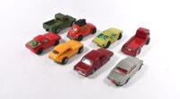 ENGLISH DIECAST: A collection of CORGI Husky, CORGI JUNIORS 'WHIZWHEELS' and ROADMASTER- "IMPY" models. ROAD MASTER "IMPY" FORD CORSAIR in burgundy, CORGI 'WHIZWHEELS' AUSTIN HEALEY LE MANS SPRITE, VOLKSWAGEN 1300 & JAGUAR XJ6 4.2 - 2