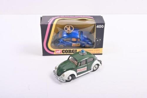 VOLKSWAGEN: Two Volkswagen models by CORGI TOYS. No.492 Volkswagen 1200 (Beetle), European "Police" Car - "Polizei" & No.400 Volkswagen 1200 "Motor School" Car