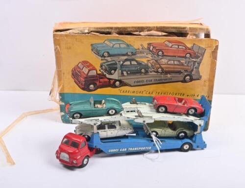 CARRIMORE CAR TRANSPORTER:&nbsp;Corgi GS1 Gift Set. Carrying load of No.208 Jaguar 2.4 Litre, No.300 Austin Healey Sports Car, No.302 MGA sports car & No.305 Triumph TR3 Sports Car