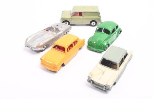 CORGI/DINKY TOYS: Five period DINKY TOYS. Austin Mini Van, Jaguar E-Type, Ford Anglia & Triumph Herald models