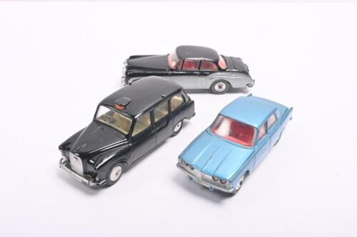 ENGLISH CARS: A group of three English cars by CORGI TOYS. No.224 Bentley Continental Sports Saloon, No.252 Rover 2000 & No.418 Austin "Taxi" in&nbsp;black