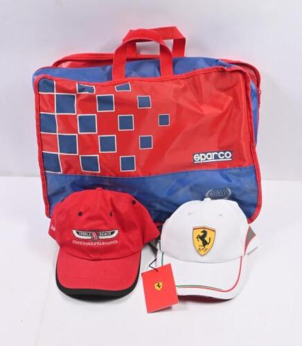 FERRARI: Three motorsport and motoring items. sparco bag, white Ferrari & Pebble Beach Concours caps