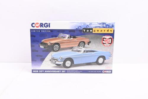 MG: A Limited Edition CORGI, Vanguards MGB 50th ANNIVERSARY SET - 1962 -2012 (MG1002). Iris Blue Chassis No.101 & Bronze Metallic Chassis No.532001. Set one of 1500 produced. Models of first and last MGB's produced