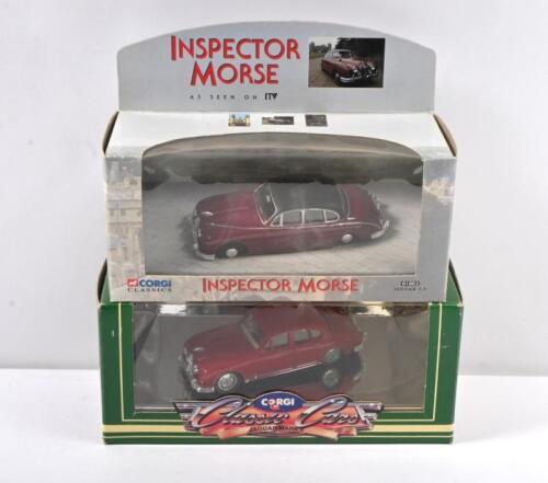 JAGUAR: Two 1:43 scale Jaguar models by CORGI. CORGI CLASSICS 'INSPECTOR MORSE' Jaguar 2.4 (01803) & CORGI Classic Cars JAGUAR MARK II (C 700/1) in red