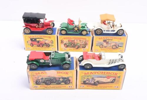 MODELS OF YESTERYEAR: A collection of five MATCHBOX Model of Yesteryear models. Y1 1911 MODEL 'T' FORD, , Y-4 1909 Opel Coupe & Y-10 1928 Mercedes Benz 36-220