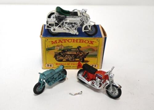 MOTORCYCLES: Three motorcycle models by MATCHBOX. Models of Yesteryear Y-8 1914 SUNBEAM MOTOR CYCLE & Honda Motorcycles
