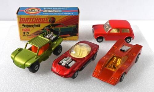 MATCHBOX: Four 1970's MATCHBOX Superfast models. Boxed No.13 BAJA BUGGY in lime green