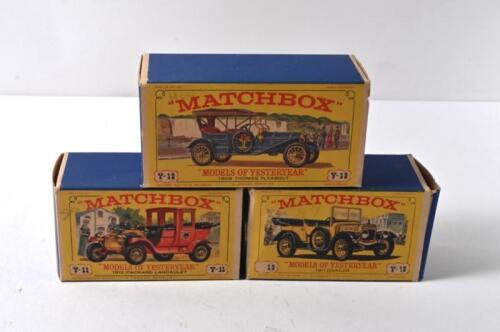 MODELS OF YESTERYEAR: Three MATCHBOX "MODELS OF YESTERYEAR". Y-11 1912 PACKARD LANDAULET, Y-12 1909 THOMAS FLYABOUT & Y13 1911 DAIMLER