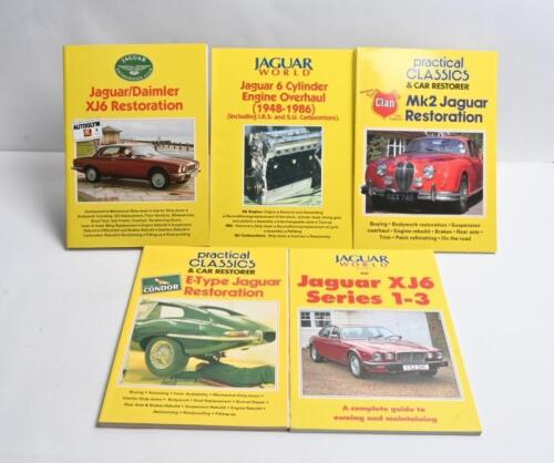 JAGUAR: A collection of five softcover books published by Kelsey Publishing regarding Jaguar restoration, maintenaance and ownership. Titles include 'E-TYPE RESTORATION' & 'JAGUAR/DAIMLER XJ6 RESTORATION'