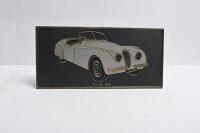 JAGUAR: Three retro plastic plaque desk signs featuring various Jaguar models. '1937 SS 100 OPEN TWO SEATER', 'XK 120 1948', '"E" TYPE 1961' desk signs. Made for UNIPART LEYLAND CARS LTD - 4