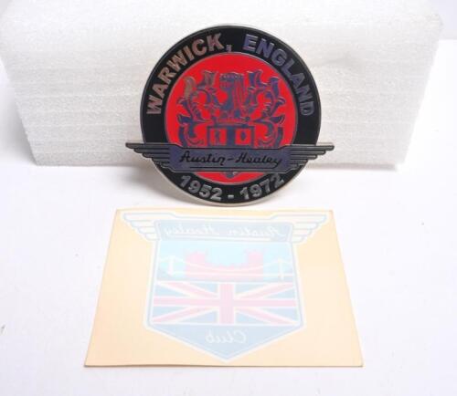 AUSTIN-HEALEY: Two Austin-Healey items. 'Austin-Healey WARWICK, ENGLAND, 1952 - 1972' chrome plated badge & 'Austin-Healey Club' adhesive