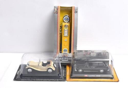MOTORING: Three die-cast models. 1:43 scale Jaguar SS100 by AMER.COM, 1958 London Taxi & 1:18 scale GAS PUMP REPLICA in yellow and blue Chevrolet livery