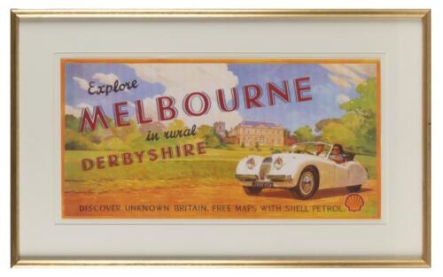 JAGUAR: An original promotional poster for Shell Petrol featuring a Jaguar XK120. Circa 1950's