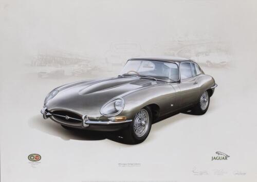 JAGUAR: A Limited Edition 1961 Jaguar E-Type (XK-E) Series, Fixed Head Coupe print by John Francis. Signed by Roy Salvadori, Norman Dewis & artist. Numbered 116/600