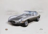 JAGUAR: A Limited Edition 1961 Jaguar E-Type (XK-E) Series, Fixed Head Coupe print by John Francis. Signed by Roy Salvadori, Norman Dewis & artist. Numbered 116/600