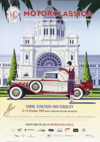 JONES: A 2018 MOTORCLASSICA Concours d'Elegance promotional poster. Poster signed by Alan Jones. 2018 exhibitors 'AUSTRALIAN INTERNATIONAL CONCOURS D'ELEGANCE' metal grill badge