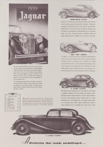 JAGUAR: A 1939 Jaguar advertising reprinted poster featuring the sedan and sports cars of the period