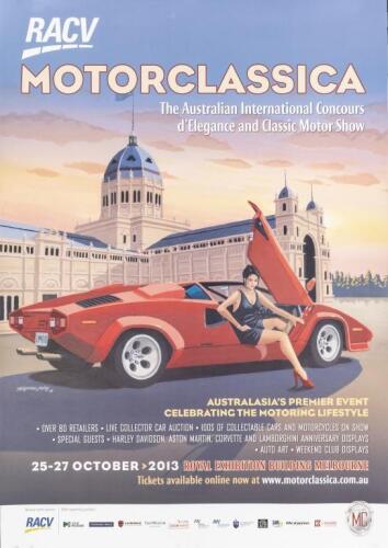 MOTORCLASSICA: 2013, 2014 MOTORCLASSICA Concours d'Elegance promotional posters. 2012 exhibitors 'AUSTRALIAN INTERNATIONAL CONCOURS D'ELEGANCE' metal grill badge