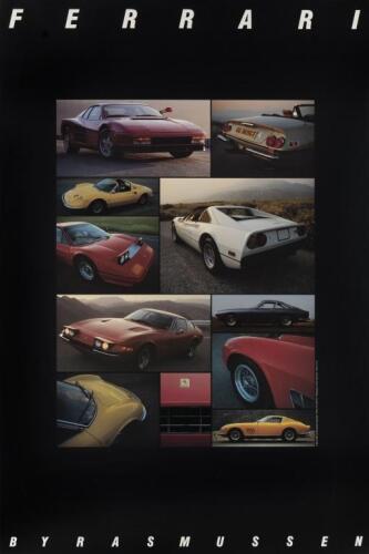 FERRARI: An impressive 'FERRARI BY RASMUSSEN' poster featuring a collage of Ferrari models