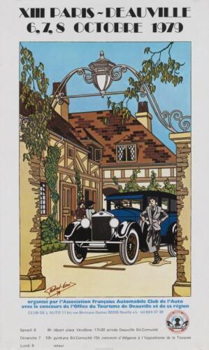 PARIS-DEAUVILLE: A 'XIII PARIS - DEAUVILLE OCTOBER 1979' promotional poster featuring a Delage