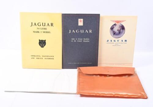 JAGUAR: A tan vinyl pouch with assorted Jaguar items. 'JAGUAR 3.4 LITRE MARK 2 MODEL - OPERATING, MAINTENANCE AND SERVICE HANDBOOK' (Publication No. E/116/10), 'JAGUAR 3.4 LITRE MARK 2 MAINTENANCE CHART' (E/116/9)