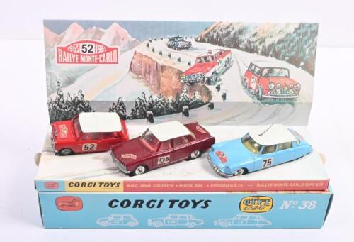 RALLYE MONTE CARLO: A Corgi GS38 "Rallye Monte Carlo" Gift Set. Set with restored BMC Mini Cooper S, Rover 2000 & Citroen DS19. Reproduction & inner pictorial stand