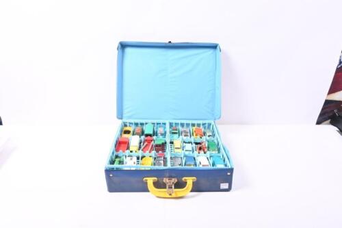 MATCHBOX/CORGI: A blue vinyl carry case housing a collection of Matchbox and Corgi models. Matchbox No.45 Vauxhall Victor in lemon & Matchbox No.53 Aston Martin in metallic light green