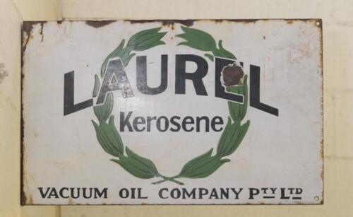 LAUREL KEROSENE: A double-sided post mounted Laurel Kerosene enamel sign -green