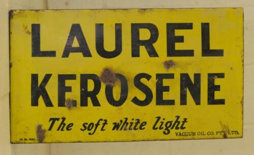 LAUREL KEROSENE: A double-sided post mounted Laurel Kerosene enamel sign - yellow
