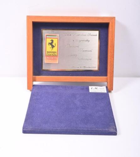 FERRARI: An unusual plaque by the Ferrari Club Italia - OWNERS TOSCANA. Plaque inscribed 'To our Australian Friends with sympathy Ferrari Ferrari always Ferrari', Florence, 20 September 2001