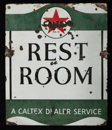 CALTEX: A rare & interesting Caltex 'Rest Room' double sided enamel sign, 91cm high, 76cm wide.