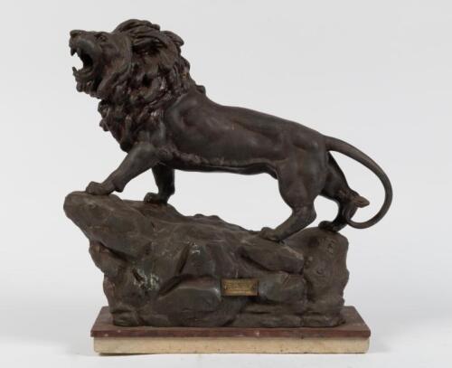 RACV: A rare early 20th century spelter sculpture by George Omerth of a roaring lion, with affixed brass plaque 'PRESENTED BY R.A.C.V ALPINE TOUR 1926', cast signature 'G.Omerth', mounted on stone and marble base, 40cm high, 39cm wide
