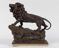 RACV: A rare early 20th century spelter sculpture by George Omerth of a roaring lion, with affixed brass plaque 'PRESENTED BY R.A.C.V ALPINE TOUR 1926', cast signature 'G.Omerth', mounted on stone and marble base, 40cm high, 39cm wide