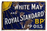 WHITE MAY: A original enamel double sided post mount 'White May & Royal Standard "BP" Lamp Oils' sign, 45.5cm wide, 30.5cm high