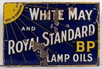 WHITE MAY: A original enamel double sided post mount 'White May & Royal Standard "BP" Lamp Oils' sign, 45.5cm wide, 30.5cm high - 2