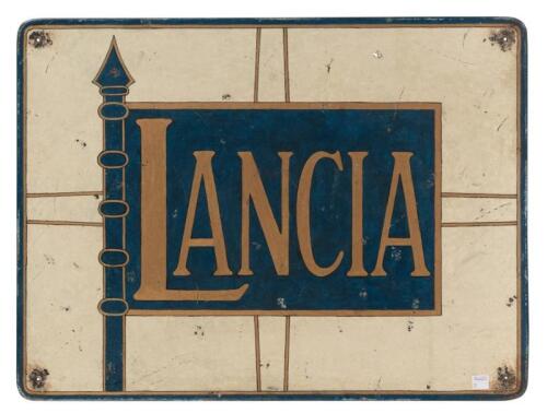 LANCIA: A impressive quality reproduction of a c1930s Lancia sign, hand painted to masonite by automotive artist Jeff Hildreth, 61cm wide, 46cm high